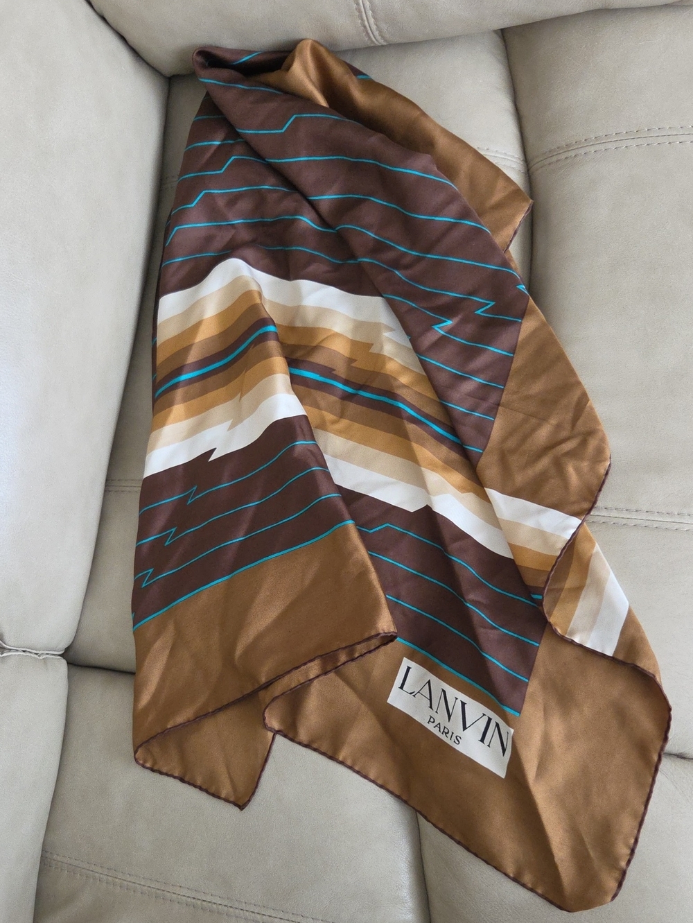 Lanvin Brown, Cream & Teal Striped Silk Square Scarf